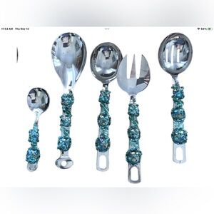 5 Pc Turquoise Beaded & Wired Dinner Stainless Steel Serving Utensils NEW